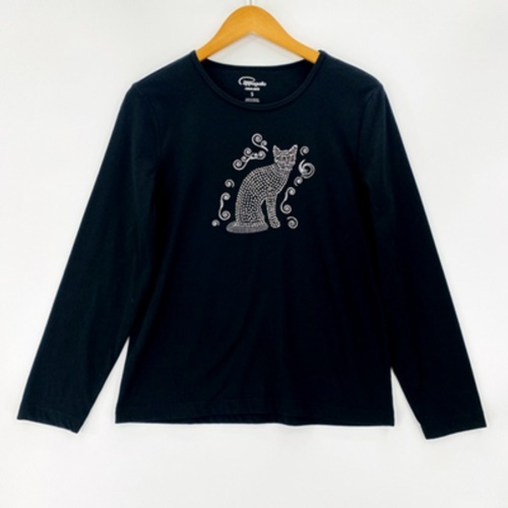Pappagallo Women's Top Small Black‎ Cat Animal Print Beaded Long Sleeve